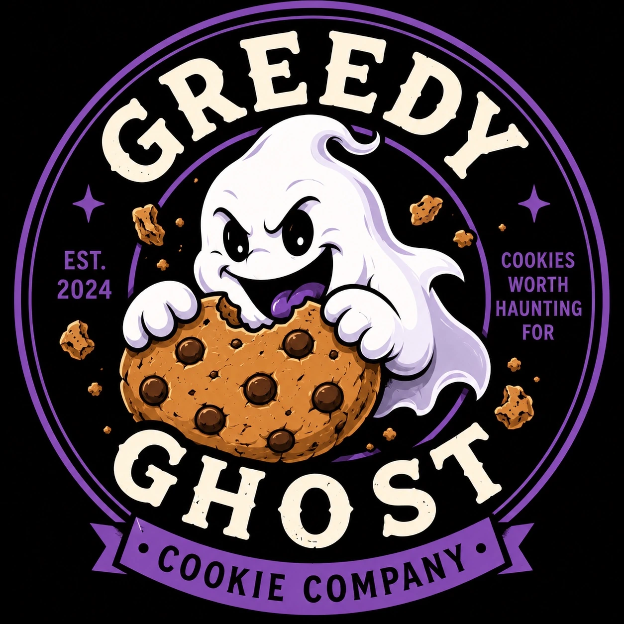 Greedy Ghost mascot eating a chocolate chip cookie